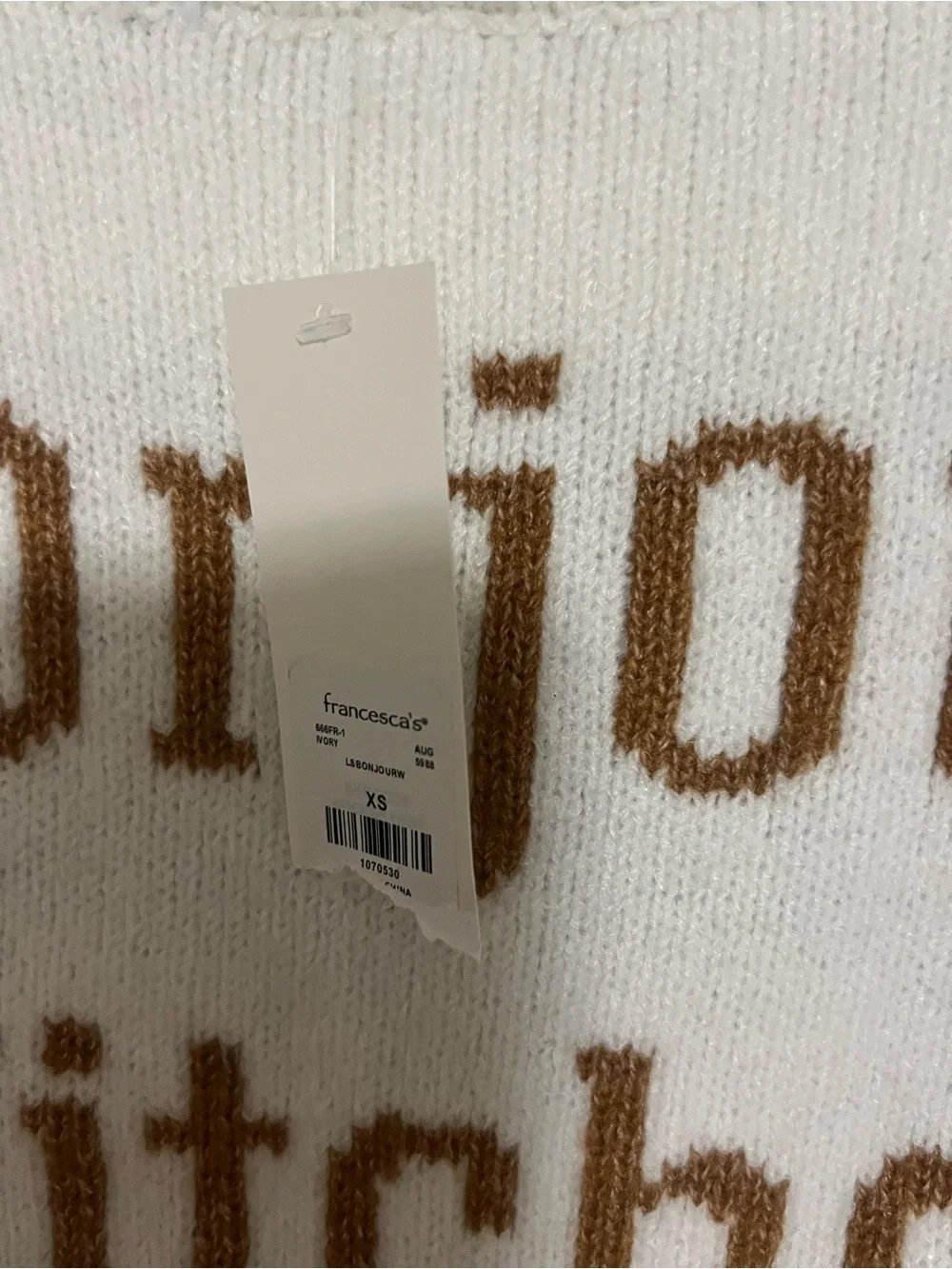 Francesca's Collections Cream 'Bonjour Witches' Crewneck Sweater with Brown Text